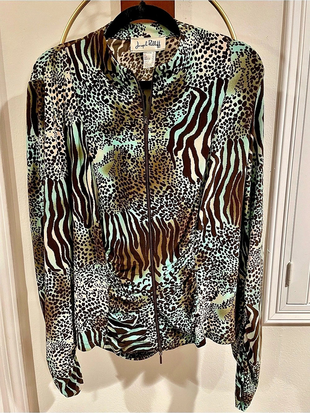 Joseph Ribkoff Animal Print Zip Jacket Green & Brown Size Medium